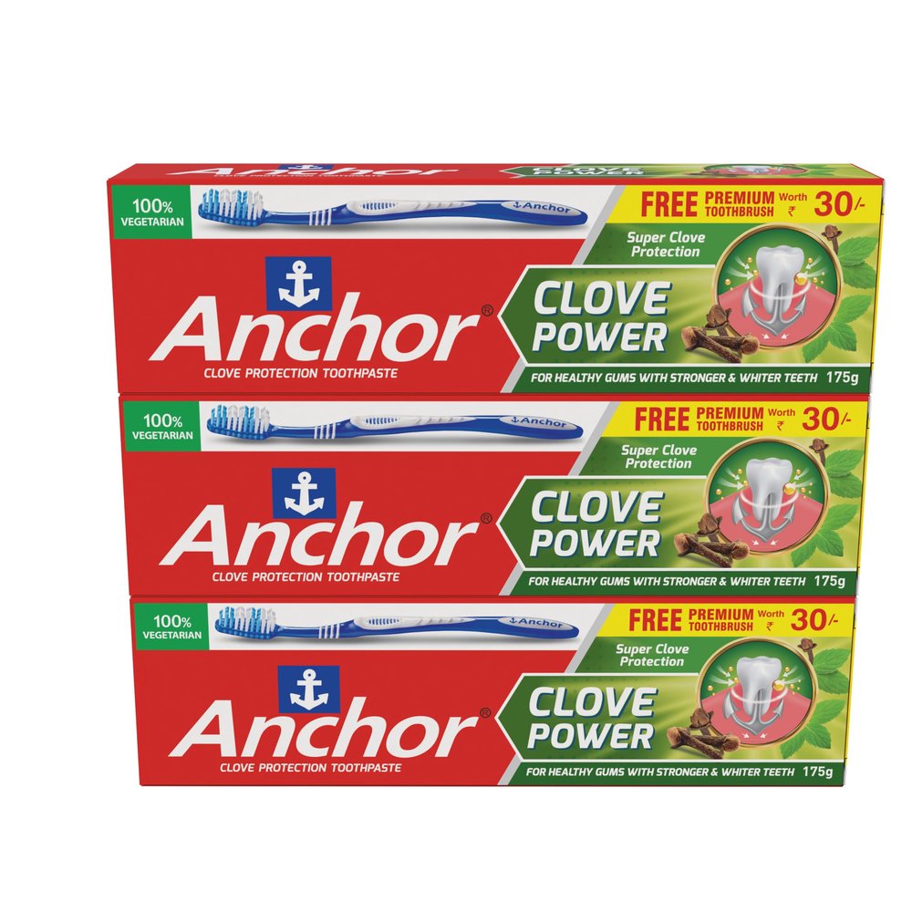 Anchor Clove Power Toothpaste - 175g | Pack of 3 | Free Toothbrush | Clove Oil Formula for Strong Teeth, Healthy Gums & Long-Lasting Freshness | Natural Oral Care Solution