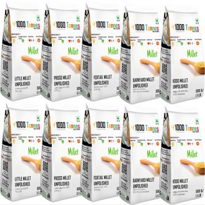 1000 Tonnes Millet 5Kg - Combo Pack of 10 (EXPORT QUALITY) | Natural Grains | Boiled Kodo Millet 1Kg, Boiled Barnyard Millet 1 Kg, Boiled Little Millet1 Kg, Unpolished Pearl Millet1 Kg, Unpolished Finger Millet 1 Kg | Low GI Native Rice | High Protei