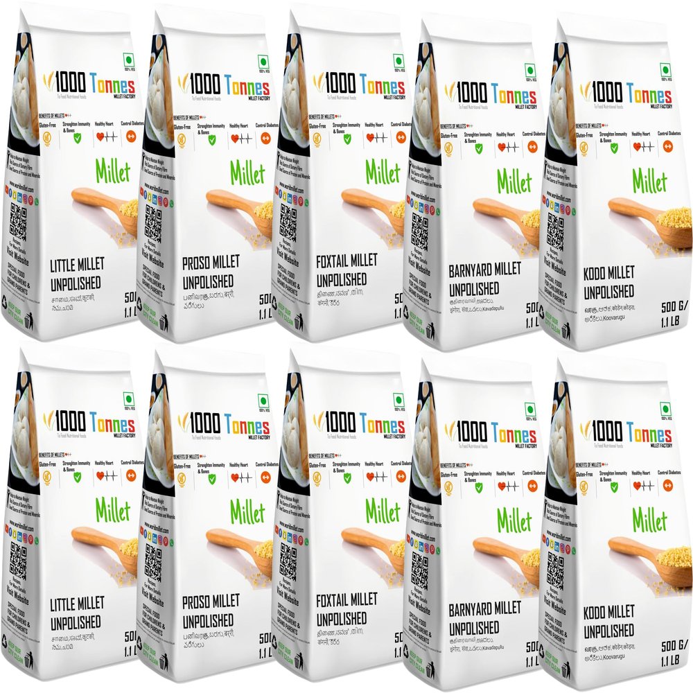 1000 Tonnes Millet 5Kg - Combo Pack of 10 (EXPORT QUALITY) | Natural Grains | Boiled Kodo Millet 1Kg, Boiled Barnyard Millet 1 Kg, Boiled Little Millet1 Kg, Unpolished Pearl Millet1 Kg, Unpolished Finger Millet 1 Kg | Low GI Native Rice | High Protei