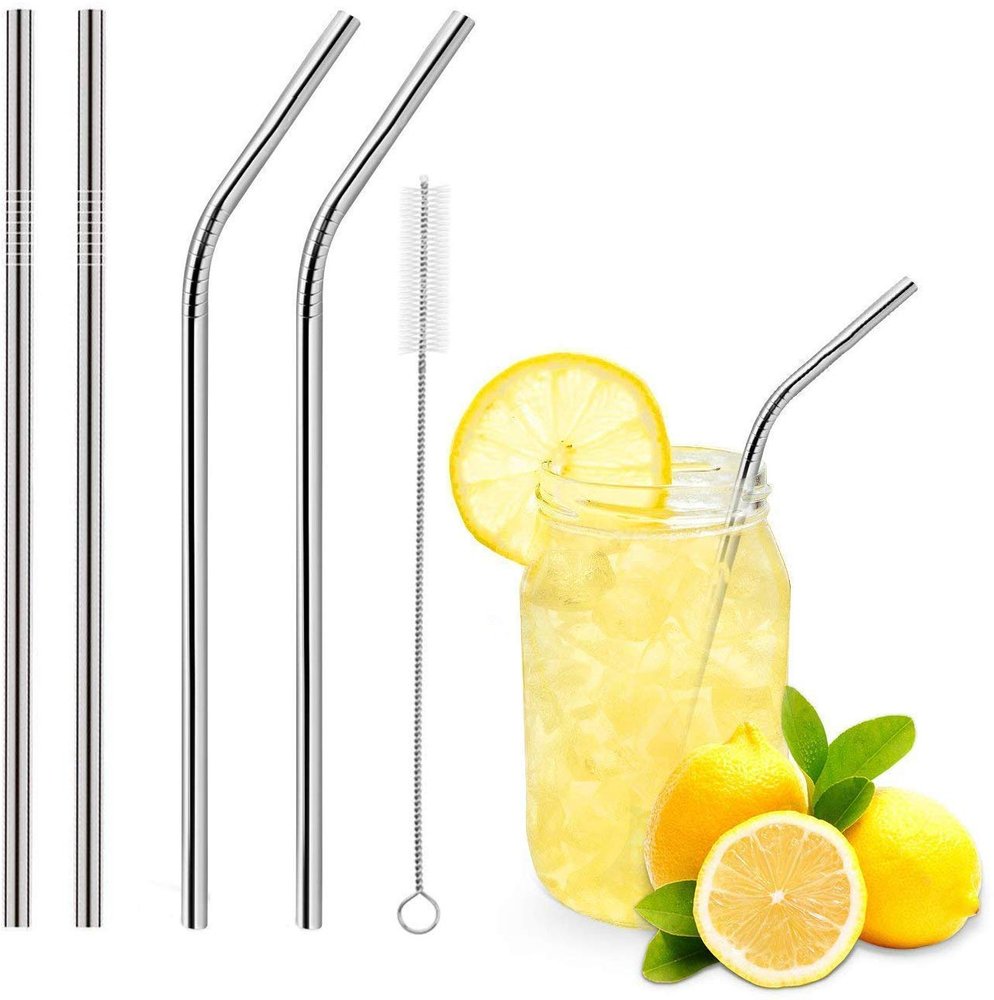 black sparrow Reusable Stainless Steel Straws for Drinking with Brushes 8.5 Inches BPA-Free Metal, Thick, Long (2 Bent + 2 Straight +1 Brush)