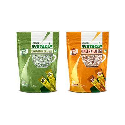 ATLANTIS Instacup Cardamom and ginger Tea Premix Combo, 25 Sachets of Cardamom and 25 Sachets of Ginger Tea Premix, Instant Tea, Just add hot water
