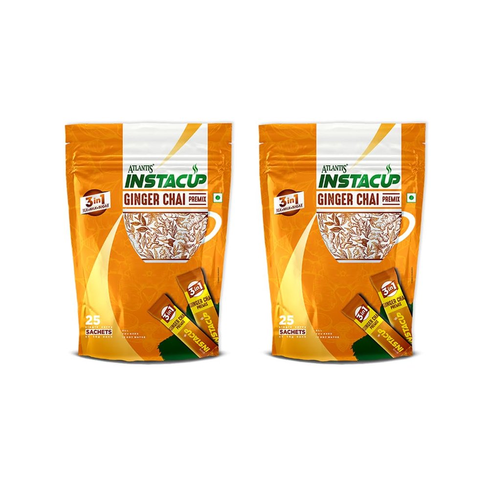ATLANTIS Instacup Ginger Tea Premix, Pack of 2, 50 Sachets, Instant Tea, Just add hot water