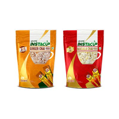 ATLANTIS Instacup Ginger and Masala Tea Premix Combo, 25 Sachets of Ginger and 25 Sachets of Masala Tea Premix, Instant Tea, Just add hot water