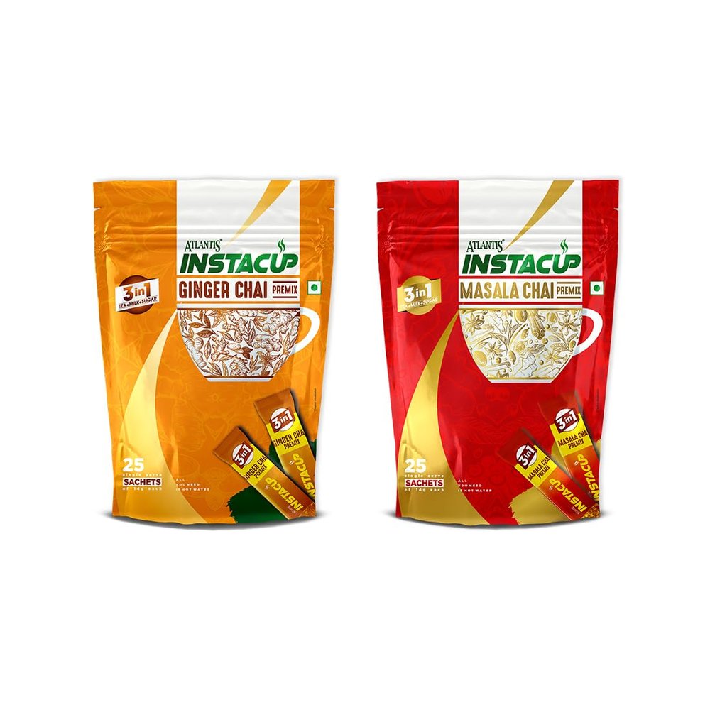 ATLANTIS Instacup Ginger and Masala Tea Premix Combo, 25 Sachets of Ginger and 25 Sachets of Masala Tea Premix, Instant Tea, Just add hot water