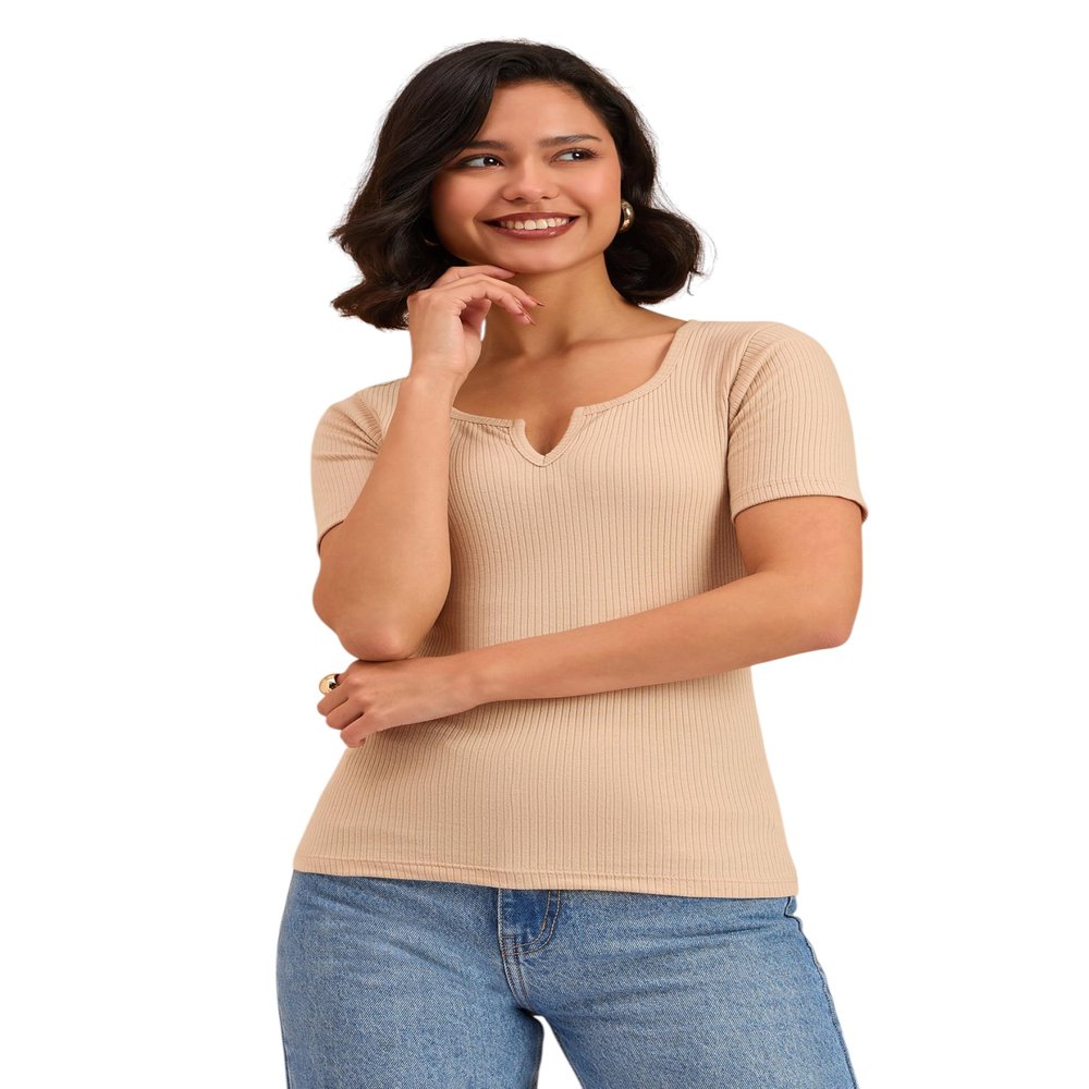 barcino Beige Ribbed V-Neck Short Sleeves Top