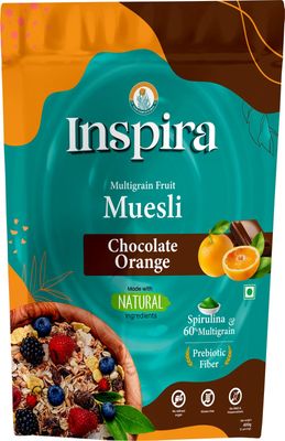 Inspira Muesli - Chocolate Orange | 400g | 4.8g Protein | 60% Whole Grains | 80% Whey Protein, No Added Sugar, with Spirulina, Raisins, Cranberries & Natural Fruits