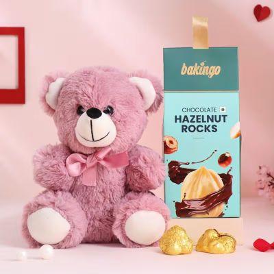 FlowerAura Lovely Romantic Combo of Cute Teddy & Hazelnut Rock Chocolate For Birthday Gift, Anniversary Gift, Valentine's Day Gft for Girlfriend, Boufriend, Husband & Wife (Same Day Delivery)