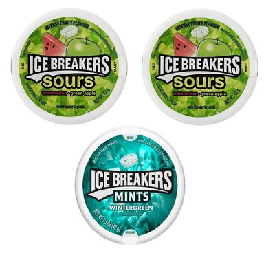 Ice Breaker Sours Watermelon + Green Apple + Tangerine (2x42g), Ice Breaker Wintergreen (1x42g) | Sugar Free Mints With Cooling Crystal | Natural, Artificial Flavors, Pack Of 3