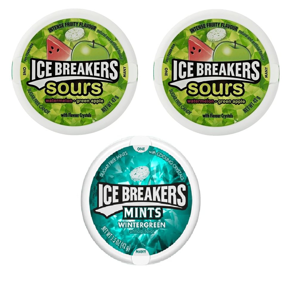 Ice Breaker Sours Watermelon + Green Apple + Tangerine (2x42g), Ice Breaker Wintergreen (1x42g) | Sugar Free Mints With Cooling Crystal | Natural, Artificial Flavors, Pack Of 3