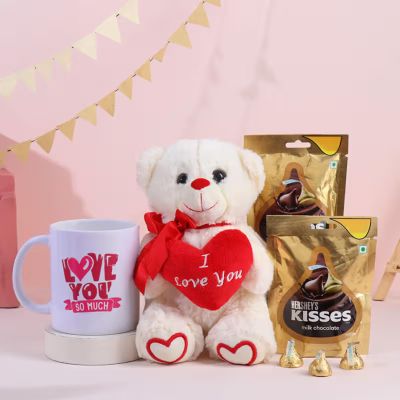 FlowerAura Love Romantic Gift Hamper of Ceramic Mug, Cute Teddy, Pack of 2 Chocolate For Birthday & Anniversary Gift, Valentine's Day Gift For Boyfriend, Girlfriend, Husband & Wife (Same Day Delivery)