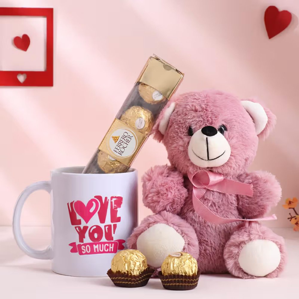 FlowerAura Lovely Romantic Hamper of Cute Teddy, Pack of 4 Chocolate Balls, Mug For Birthday Gift, Anniversary Gift, Valentine's Day Gft for Girlfriend, Boufriend, Husband & Wife (Same Day Delivery)
