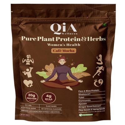 Qia Wellness Plant Protein & Herbs | Women Health | 20g Protein | Pea & Rice, Shatavri, Tulsi, Curcumin, Vit C, B12, Folate | No Sugar/Preservatives/Artificial flavors | 4g BCAA | Cafe Mocha-510 Gm