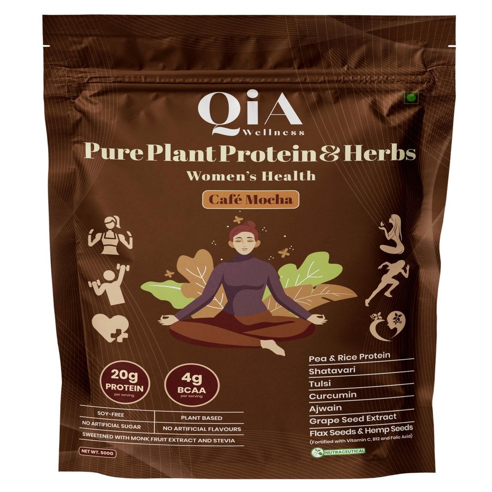 Qia Wellness Plant Protein & Herbs | Women Health | 20g Protein | Pea & Rice, Shatavri, Tulsi, Curcumin, Vit C, B12, Folate | No Sugar/Preservatives/Artificial flavors | 4g BCAA | Cafe Mocha-510 Gm