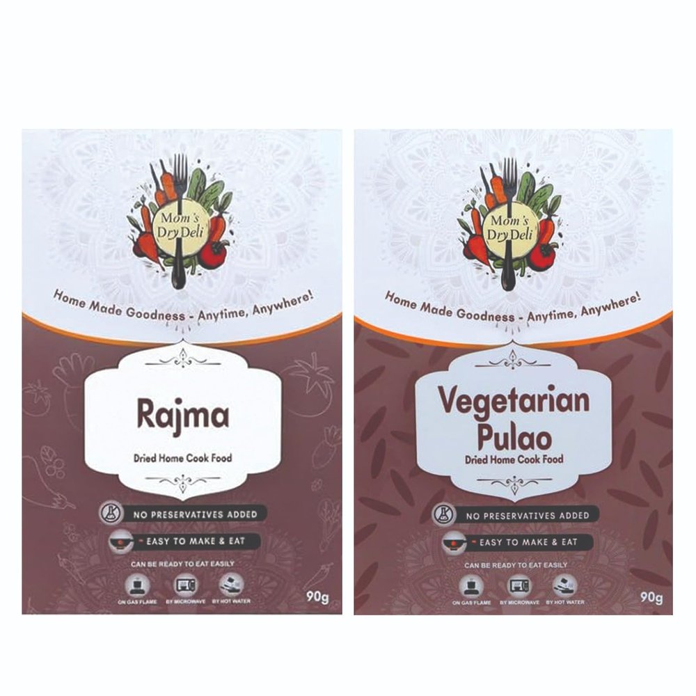Mom's DryDeli Combo Pack of Veg Pulao And Rajma | Each pack 90 Gram| Ready To Eat And cook | Dried Home Cooked Food| No Preservatives Added