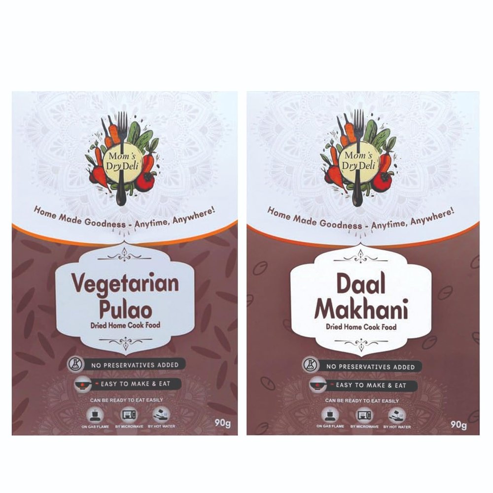 Mom's DryDeli Combo Pack of Daal Makhani And Veg Pulao | Each pack 90 Gram| Ready To Eat And cook | Dried Home Cooked Food| No Preservatives Added
