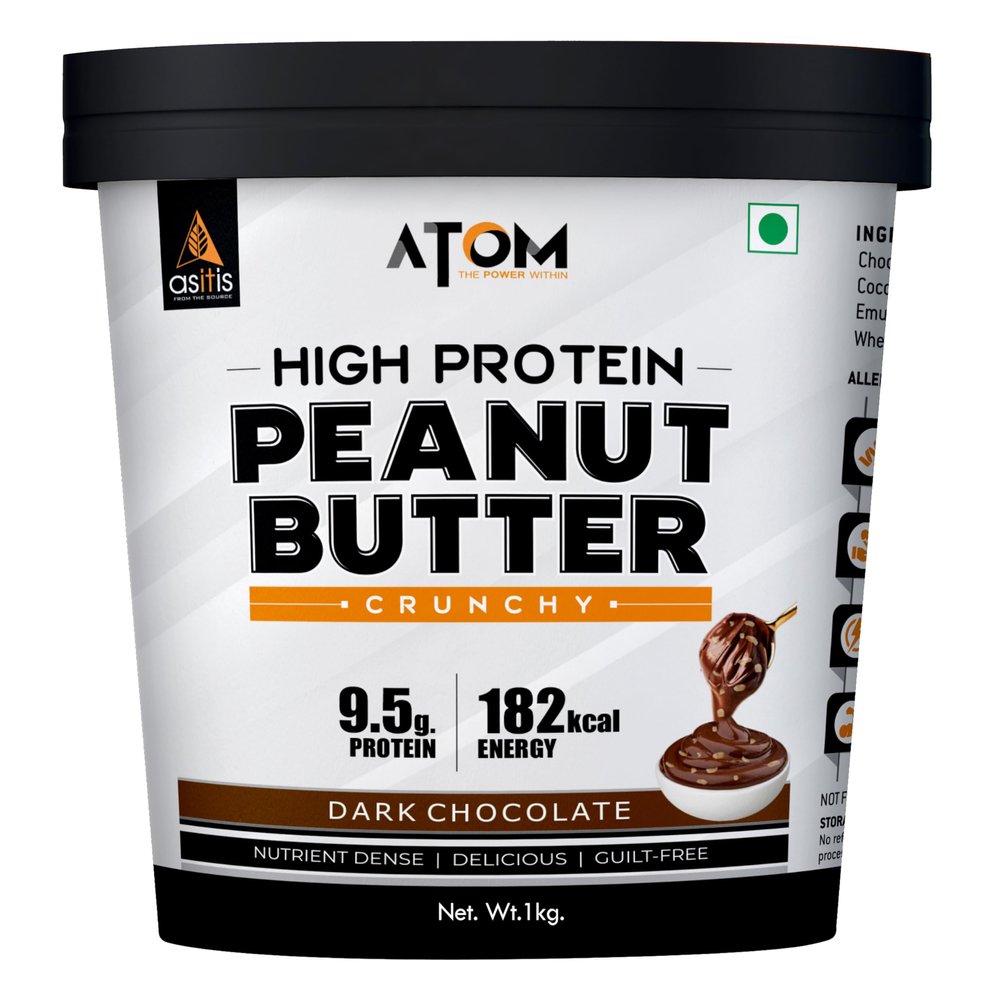 AS-IT-IS Nutrition ATOM High Protein Peanut Butter I Crunchy, Dark Chocolate I 9.5g Protein I Added Whey & Pea Protein I Aflatoxin Tested I Zero Trans-fat  1kg