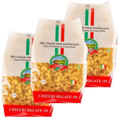 CANEEN Chiferi Rigate Pasta .09 |100% Durum Wheat Semolina Pasta | Perfect for Italian Dishes (Pack of 3, 500g Each)