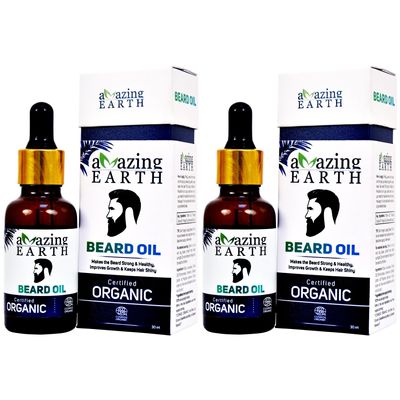AMAzing EARTH Certified Organic Beard Oil for Men - 100% Natural with Argan & Olive Oil, Aloe Vera, Golden Jojoba Oil & Glycerine, Non-Sticky, Sulphates & Parabens Free, Vegan & Cruelty Free - 30ml Pack of 2