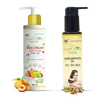 Aarogya India Mix Fruits body Lotion for all skin type man and woman Tan removal & Skin brightening + Hair Growth Oil for all type skin and hair Men & Women COMBO (300ml)