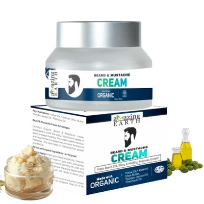 Amazing Earth Organic Beard and Moustache Cream, Softening and Growth-Enhancing Formula with Olive Oil Pack of 2
