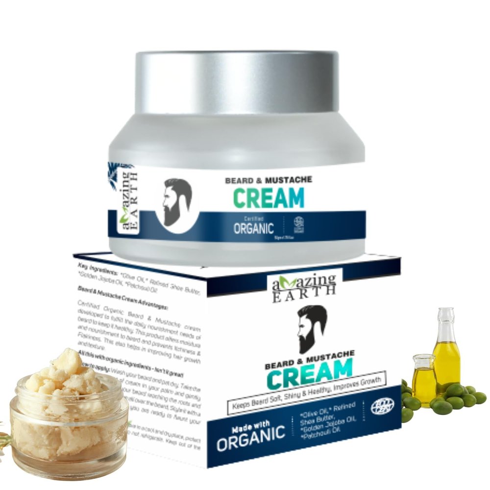 Amazing Earth Organic Beard and Moustache Cream, Softening and Growth-Enhancing Formula with Olive Oil Pack of 2