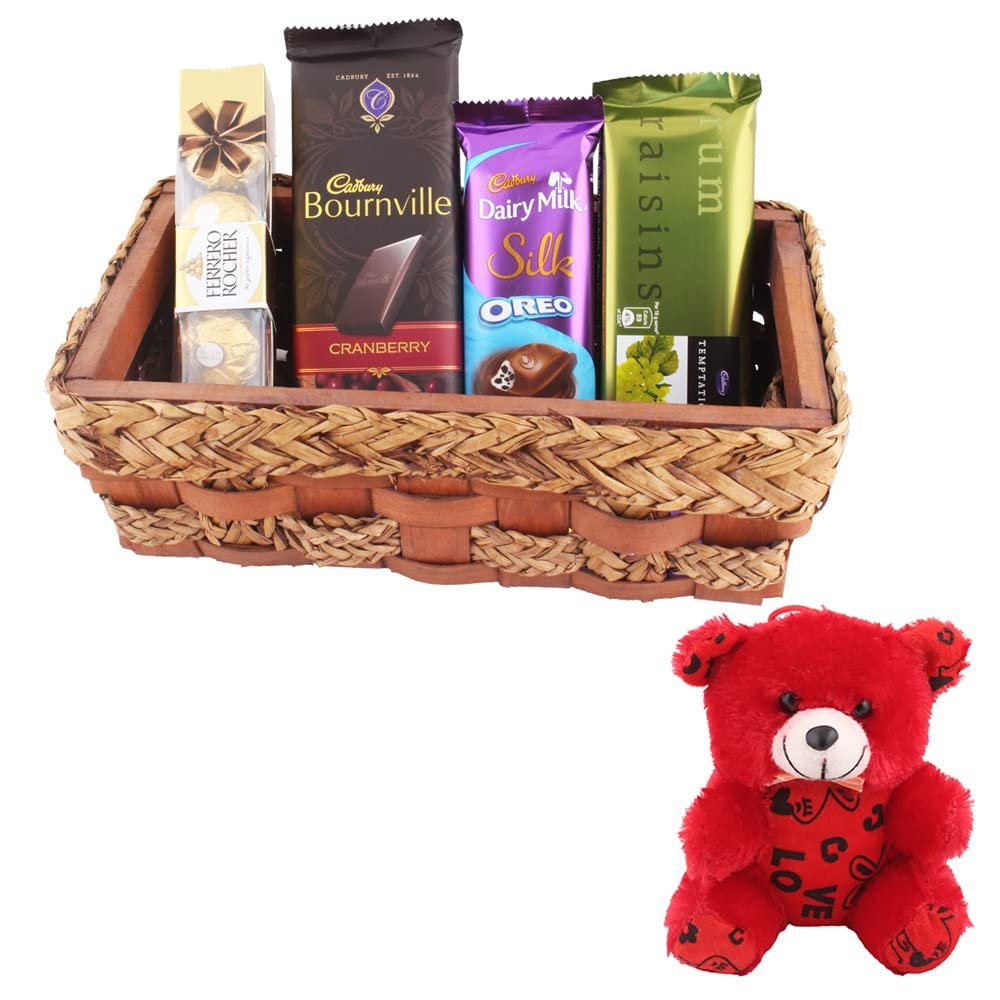 SFU E Com Attractive Wooden Basket With Premium Chocolates | Valentine Teddy Bear With Chocolate Combo | Valentine Chocolate Hamper | 437