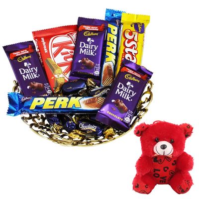 SFU E Com Choco Gift Hamper With Lovely Tray | Valentine Teddy Bear With Chocolate Combo | Valentine Chocolate Hamper | 010