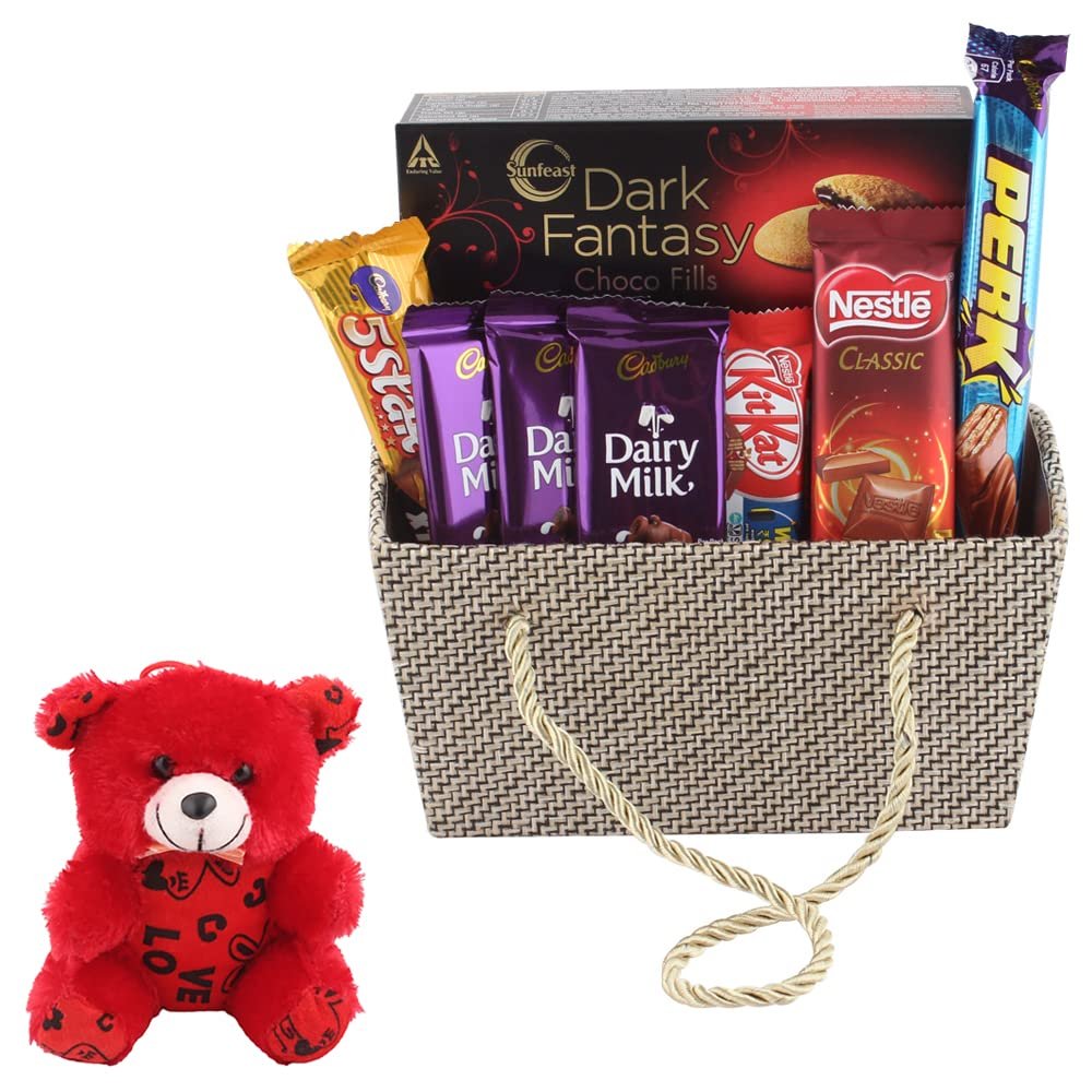 SFU E Com Choco Fills Gift Hamper | Valentine Teddy Bear With Chocolate Combo | Valentine Chocolate Hamper | 843