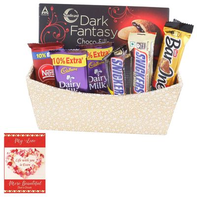 SFU E Com 7 Pieces Chocolate Hamper With Attractive Golden Basket | Valentine Chocolate With Love Greeting Card | Valentine Chocolate Hamper | 258