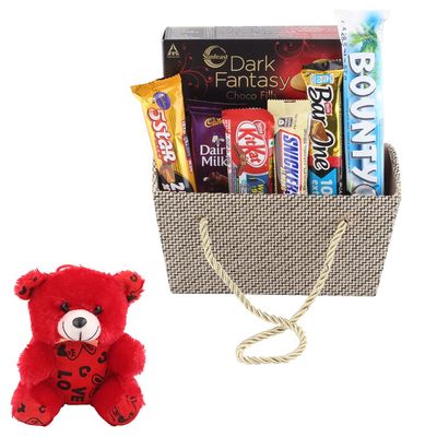 SFU E Com Bounty Coconut Chocolate With Premium Basket | Valentine Teddy Bear With Chocolate Combo | Valentine Chocolate Hamper | 817