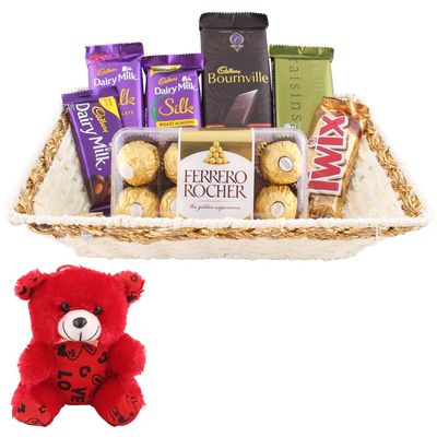 SFU E Com 16 Pieces Rocher With Premium Chocolate Gift Hamper | Valentine Teddy Bear With Chocolate Combo | Valentine Chocolate Hamper | 532