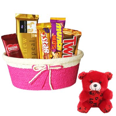 SFU E Com Best Wishes Premium Chocolate Basket | Valentine Teddy Bear With Chocolate Combo | Valentine Chocolate Hamper | 100