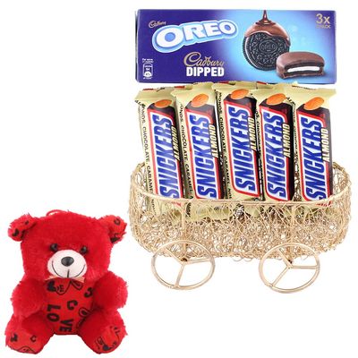 SFU E Com Beautiful Choco Hamper With Metal Cart | Valentine Teddy Bear With Chocolate Combo | Valentine Chocolate Hamper | 933