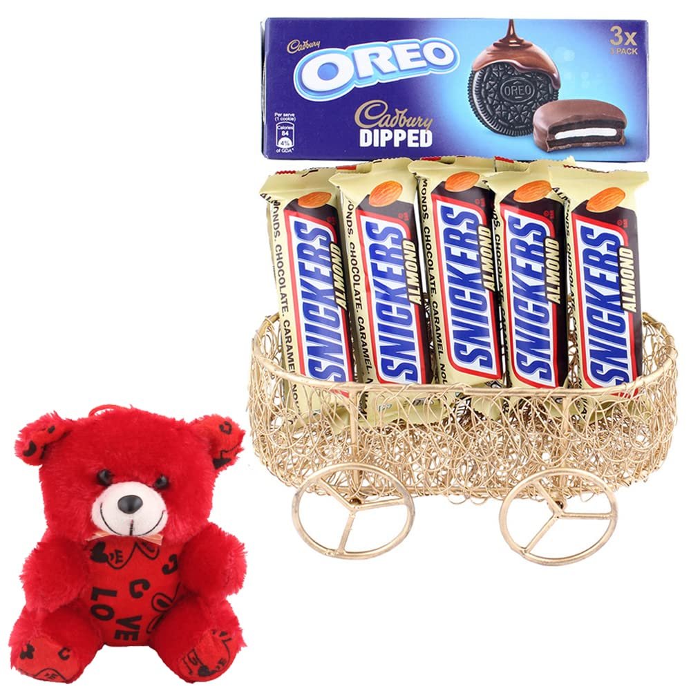 SFU E Com Beautiful Choco Hamper With Metal Cart | Valentine Teddy Bear With Chocolate Combo | Valentine Chocolate Hamper | 933