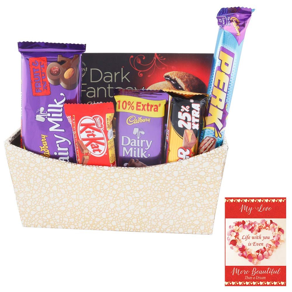 SFU E Com 5 Pieces Premium Chocolate Celebration With Beautiful Wooden Basket | Valentine Chocolate With Love Greeting Card | Valentine Chocolate Hamper | 230
