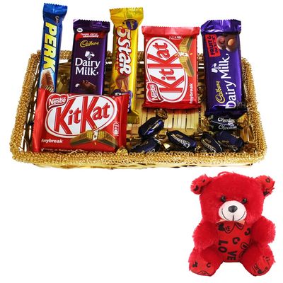 SFU E Com 11 Pieces Chocolate Celebration With Premium Golden Tray | Valentine Teddy Bear With Chocolate Combo | Valentine Chocolate Hamper | 164