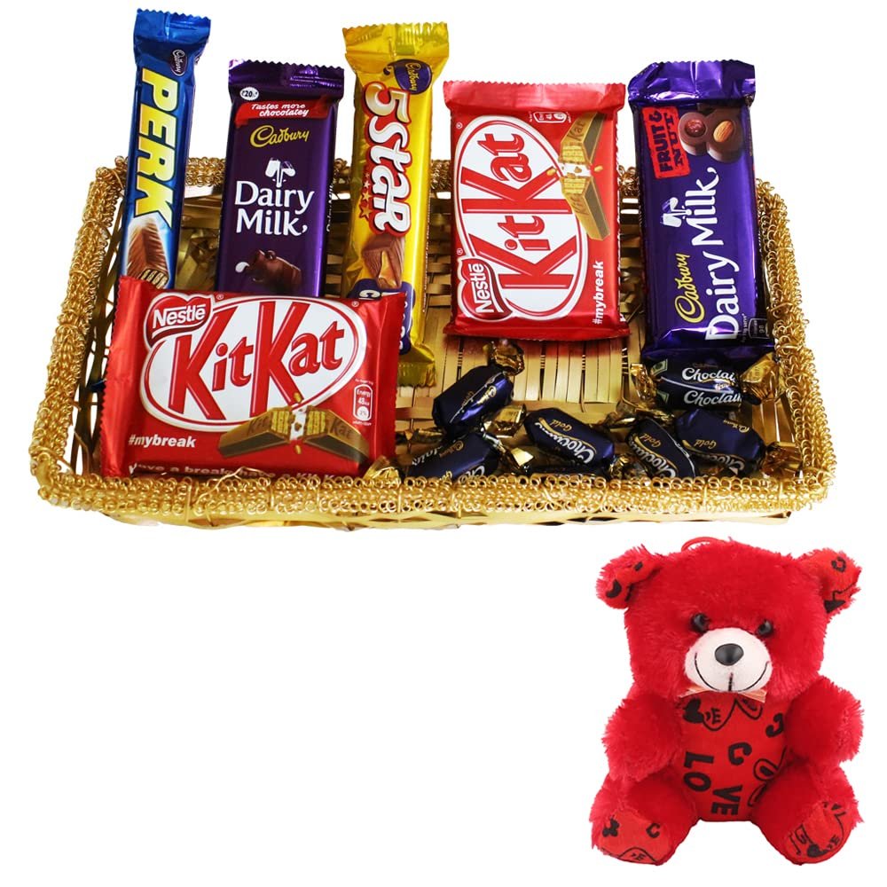 SFU E Com 11 Pieces Chocolate Celebration With Premium Golden Tray | Valentine Teddy Bear With Chocolate Combo | Valentine Chocolate Hamper | 164