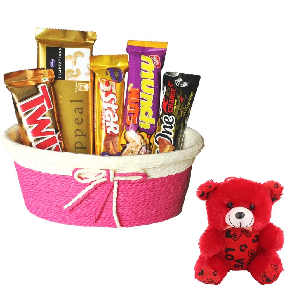 SFU E Com Attractive Chocolate Hamper With Attractive Tie Basket | Valentine Teddy Bear With Chocolate Combo | Valentine Chocolate Hamper | 094