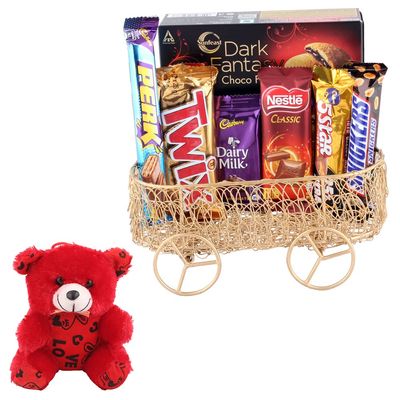 SFU E Com 7 Pieces Chocolates Combo Gift Hamper With Handmade Basket | Valentine Teddy Bear With Chocolate Combo | Valentine Chocolate Hamper | 610