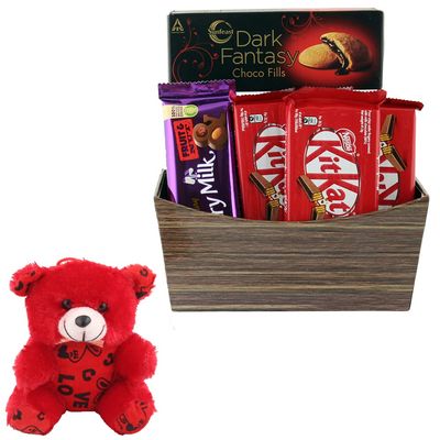 SFU E Com Beautiful Chocolate Combo With Wooden Basket | Valentine Teddy Bear With Chocolate Combo | Valentine Chocolate Hamper | 1011