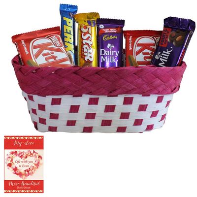 SFU E Com Chocolate Celebration Hamper With Designer Basket | Valentine Chocolate With Love Greeting Card | Valentine Chocolate Hamper | 020