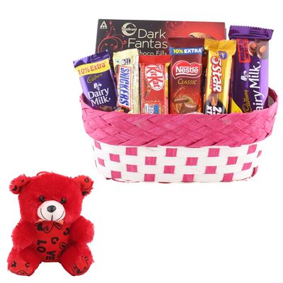 SFU E Com Beautiful Chocolate Gift Hamper With Basket | Valentine Teddy Bear With Chocolate Combo | Valentine Chocolate Hamper | 469