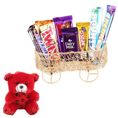SFU E Com 7 Pieces Chocolate Combo With Beautiful Basket Gift Hamper | Valentine Teddy Bear With Chocolate Combo | Valentine Chocolate Hamper | 658