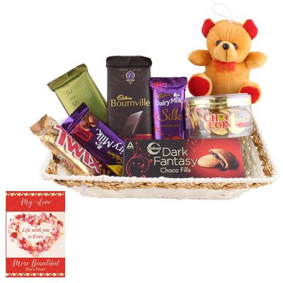 SFU E Com Beautiful Chocolate Gift Hamper With Brown Teddy | Valentine Chocolate With Love Greeting Card | Valentine Chocolate Hamper | 538