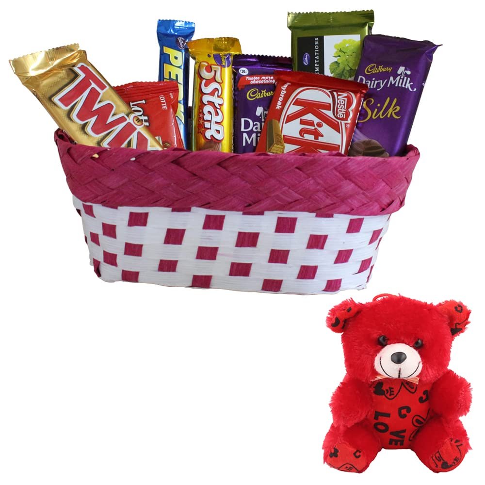 SFU E Com 8 Pieces Chocolate Gift Hamper With Beautiful Basket | Valentine Teddy Bear With Chocolate Combo | Valentine Chocolate Hamper | 177