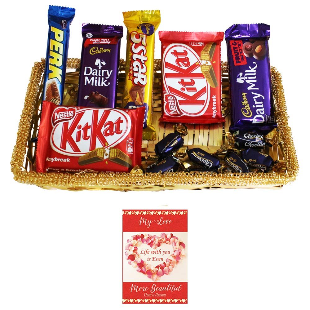 SFU E Com 11 Pieces Chocolate Celebration With Premium Golden Tray | Valentine Chocolate With Love Greeting Card | Valentine Chocolate Hamper | 164