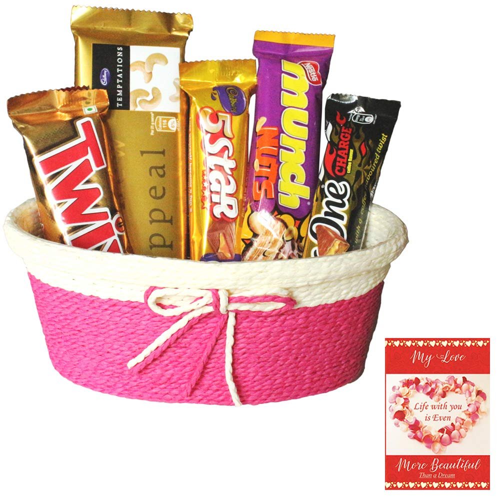 SFU E Com Attractive Chocolate Hamper With Attractive Tie Basket | Valentine Chocolate With Love Greeting Card | Valentine Chocolate Hamper | 094