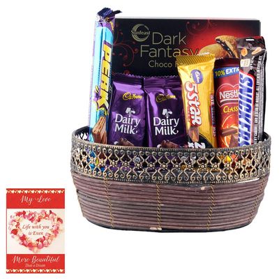 SFU E Com Beautiful Wooden Basket With Loaded Tasty Chocolates | Valentine Chocolate With Love Greeting Card | Valentine Chocolate Hamper | 753
