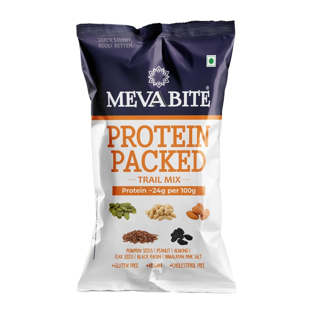 Mevabite Protein Packed Trail Mix (Pack of 10X43g), 430gms | 5 Superfood in 1 Mix, Almond, Pumpkin seeds (Turmeric Roasted), Peanut (Dry Roasted), Flax seeds, Seedless Black Raisin