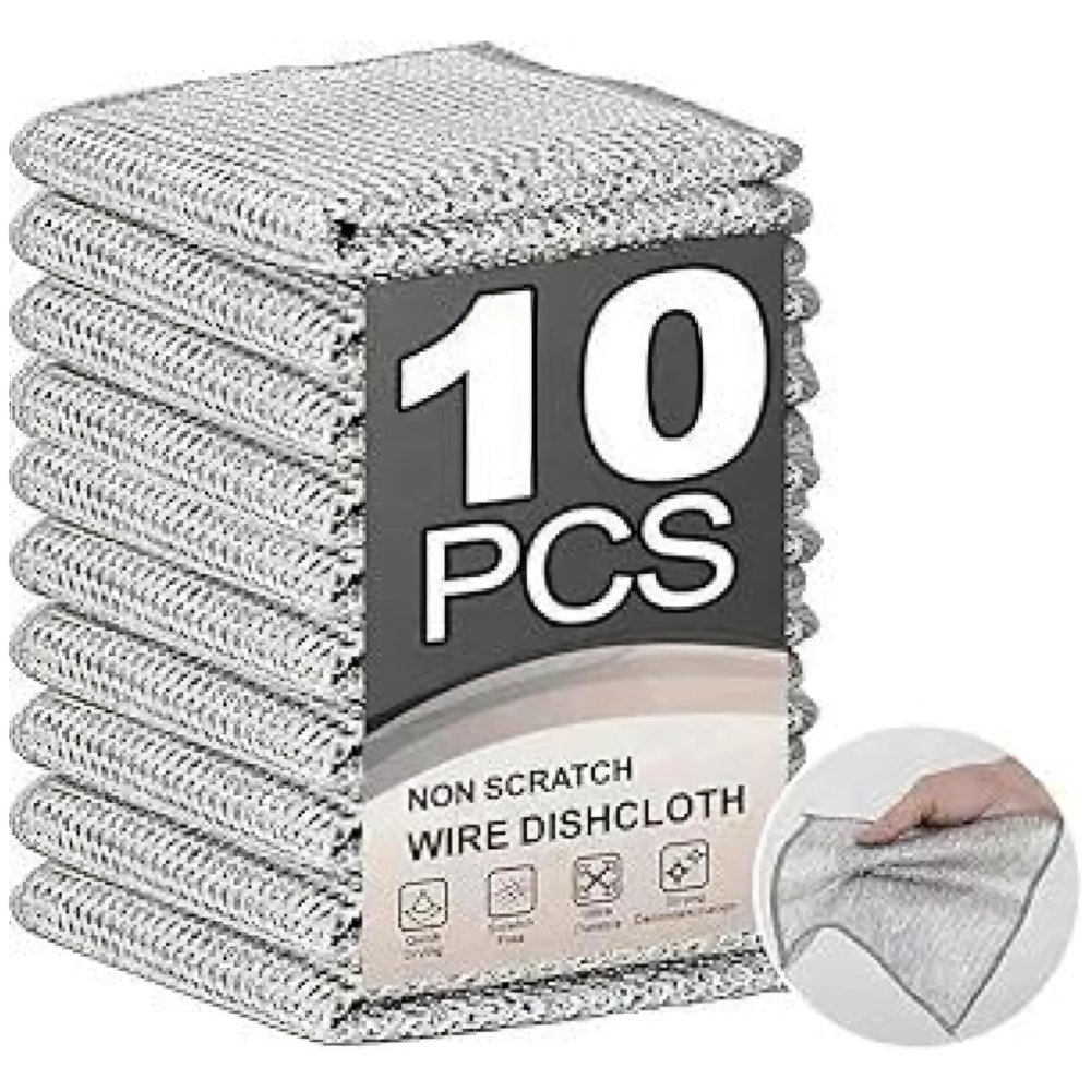 Dishwasher Rag (Pack of 10) Multipurpose Wire Dishwashing Rags for Wet and Dry Cleaning Steel Cloth Scrubber for Utensils & Kitchen Cleaning, Dish Wash Vessel Cleaning Wool Wire Dishwashing Rags Cloth